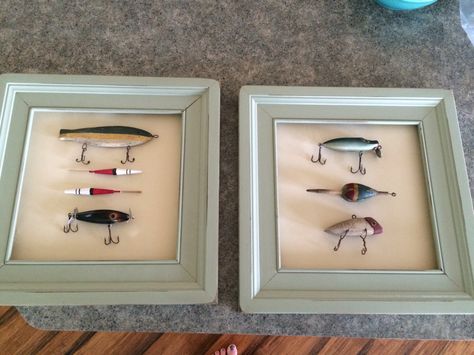 Fishing Display Ideas, Hunting And Fishing Boys Room, Toddler Fishing Bedroom, Fishing Pole Wall Decor, Vintage Fishing Bedroom, Decorating With Fishing Poles, Fishing Lure Shadow Box Ideas, Fishing Lure Display, Vintage Fishing Nursery