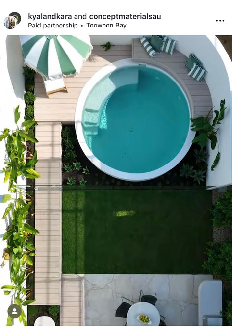 Circular Plunge Pool, Plunge Pools For Small Yards, Small Kidney Shaped Pool Backyards, Rectangle Pool With Round Spa, Round Plunge Pool, Plungie Original Pool Round, Airbnb Cottage, Mediterranean Backyard, Small Pools Backyard