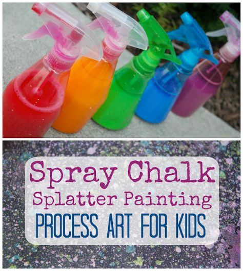 Spray Chalk Splatter Painting Process Art for Kids. Open ended outdoor activity for preschoolers and elementary children. Fun and easy! Process Art For Kids, Preschool Outdoor Activities, Spray Chalk, Summer Activities For Toddlers, Splatter Painting, Outdoor Activities For Toddlers, Activity For Preschoolers, Summer Preschool, Painting Activities