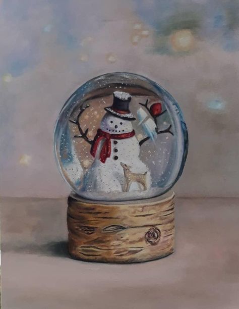 Oil painting snow globe Snow Oil Painting, Snowglobe Painting, Snow Globe Painting, Globe Drawing, Pen Projects, Sketches Pencil, Painting Snow, Pastel Paintings, Christmas Painting