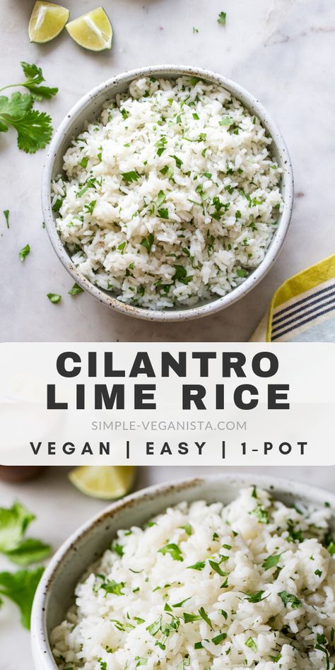 Cilantro Lime Rice recipe easy to make and a great side side for Mexican, Tex-Mex, Asian and Indian cuisine! It easily takes plain rice to another level and is naturally vegan, gluten free, low-fat and oil-free! Cook your rice with the stovetop, rice cooker or instant pot! Easy Cilantro Lime Rice, Stovetop Rice, Rice Recipe Easy, Cilantro Lime Rice Recipe, Lime Rice Recipes, Recipes Rice, Plain Rice, Clean Eating Vegan, Rice Desserts