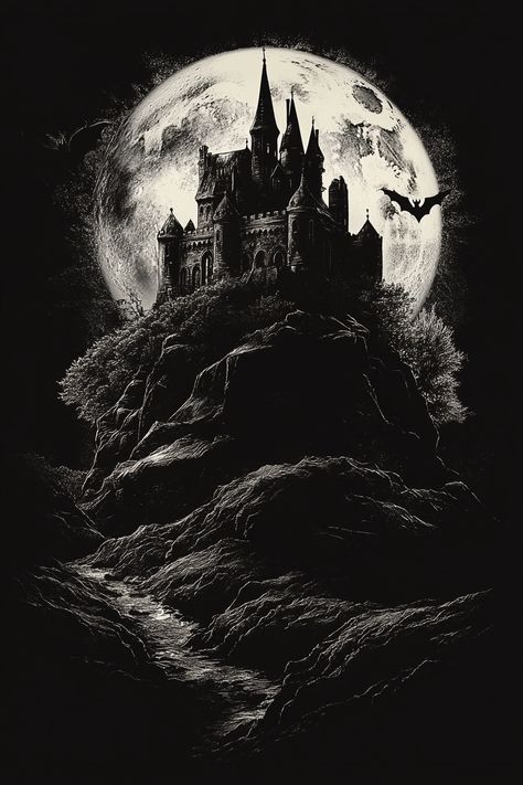 🌕🏰 Discover the haunting beauty of a moonlit Dracula castle perched on a hill! 🌌✨ This high-contrast, dynamic lighting tattoo design captures the gothic essence perfectly, evoking mystery and enchantment. 🖤🦇 Perfect for those who love the allure of the dark! 🖤💀 #TattooDesign #GothicArt #MoonlitMagic #DraculaCastle #BlackAndWhiteTattoo... Dark Castle Tattoo, Gothic Castle Tattoo, Lighting Tattoo Design, Lighting Tattoo, Dracula Tattoo, Dracula's Castle, Castle Tattoo, Dracula Castle, Haunting Beauty