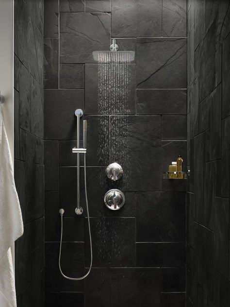 Toilette Design, Shower Renovation, Black Tile, Fixed Shower Head, Black Shower, Bathroom Trends, Bath Room, Shower Remodel, Rain Shower Head