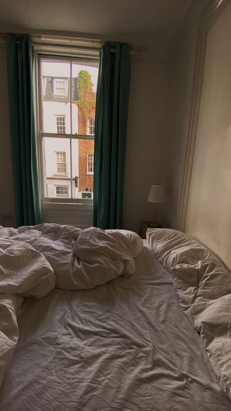 Bedroom, Paddington, London #whitesheets #interiorinspo #bedroominspo #whiteinterior #whiteaesthetic #bedroomaesthetic #whitebedroom #windowaesthetic #morningaesthetic #minimalism #minimalistdecor #europeandecor London Bedroom Ideas, London Flat Bedroom, London Bedroom Aesthetic, Paddington London, London Bedroom, European Decor, London Aesthetic, London Flat, White Sheets