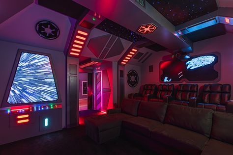 Disney Home Theater, Disney Theater Room, Star Wars Tv Room, Star Wars Themed Playroom, Star Wars Movie Room, Star Wars Themed Room Man Caves, Star Wars Gaming Setup, Star Wars Media Room, Star Wars Dorm Room