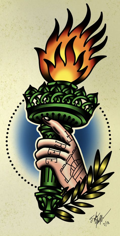 Freedom torch #tattoo #traditionaltattoo #america #liberty #statue #flashtattoo Traditional Tattoo Torch, Torch Tattoo, Statue Of Liberty Tattoo, Liberty Tattoo, Freedom Tattoos, Liberty Statue, Fire Graphic, Patriotic Tattoos, New York Tattoo