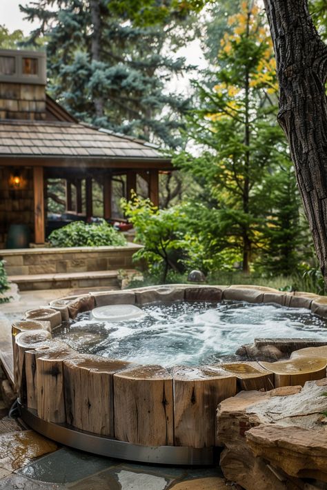 Backyard Hot Tub Ideas: Relax and Unwind - Quiet Minimal Outdoor Tub Ideas, Japanese Hot Tub, Jacuzzi Outdoor Ideas, Outdoor Bathtub Ideas, Backyard Hot Tub Ideas, Wood Hot Tub, Tub Decorating Ideas, Hot Tub Decorating, Rustic Hot Tubs