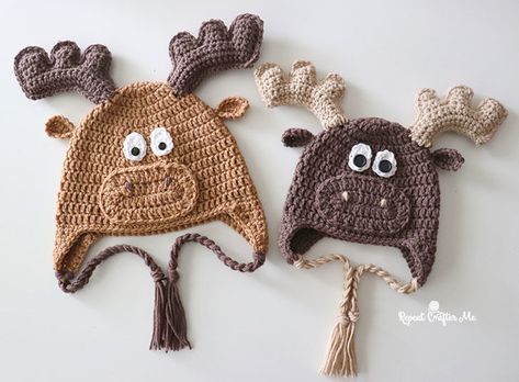 Crochet Moose Hat - Repeat Crafter Me Moose Hat, Bernat Super Value Yarn, Crochet Moose, Crochet Pour Halloween, Reindeer Hat, Crochet Deer, Repeat Crafter Me, Crochet Snowman, Crochet Santa