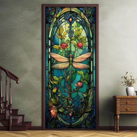 Stained Glass Dragonfly Door Covers Mural Decor Door Tapestry Door Curtain Decoration Backdrop Door Banner Removable for Front Door Indoor Outdoor Home Room Decoration Farmhouse Decor Supplies 2024 - $17.99 Door Tapestry, Irish Cottage Style Decor, Front Door Indoor, Stained Glass Dragonfly, Exterior Door Designs, Stain Glass Window Art, Decoration Backdrop, Curtain Decoration, Cheap Doors