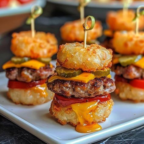 Nouna's Kitchen Tater Tot Appetizers, Frozen Tater Tots, Mini Cheeseburger, Pickle Recipes Homemade, Burger Bites, Dill Pickle Chips, Mini Burger, Baked Peach, Sandwich Bar