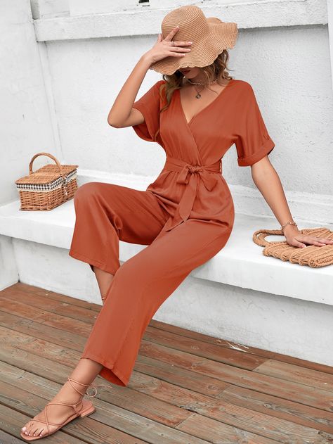 Burnt Orange Casual  Short Sleeve Polyester Plain Culottes Embellished Non-Stretch Spring/Summer Women Jumpsuits & Bodysuits Short Sleeve Jumpsuit, Women Jumpsuit, Belt Jumpsuit, Leg Belt, Short Sleeve Jumpsuits, Clothing Details, Jumpsuit With Sleeves, Roll Up Sleeves, Printed Rompers