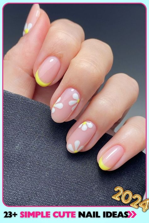 Cute yellow flower French tip nails. Glossy finish on medium-length almond-shaped nails. Features yellow French tips and white daisy accents. Ideal for spring, summer, or cheerful occasions. Simple cute nails for a fresh, playful look. Yellow Design Nails, Simple Cute Nail Ideas, Flower French Tip Nails, Simple Cute Nails, Yellow French Tips, Flower French Tip, Teen Nails, Yellow French, Spring Break Nails