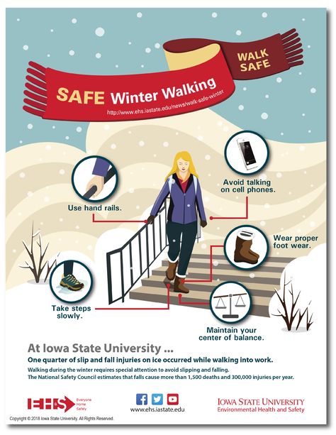 Helpful Hints When Walking on Snow or Ice | Environmental Health and Safety | Iowa State University Safety Moment, Winter Preparedness, Safety Topics, Environmental Health And Safety, Winter Safety, National Safety, Safety Posters, Iowa State University, Nurse Stuff