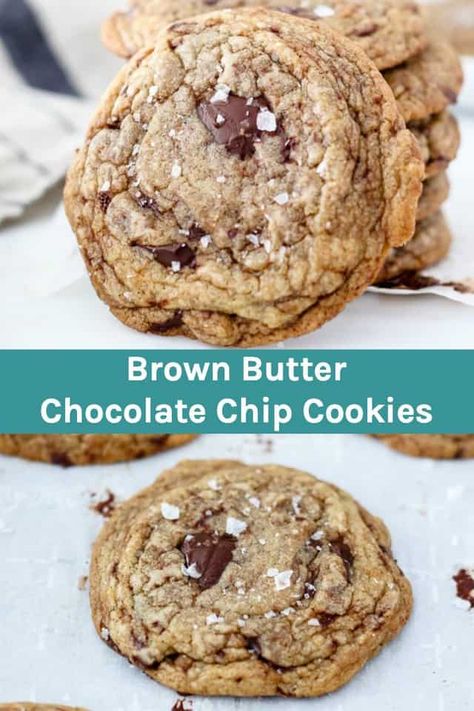 These Soft and Chewy Brown Butter Chocolate chip cookies are made with a nutty brown butter, chunks of dark chocolate and a touch of sea salt on top. They are perfectly crispy on the edges but soft and chewy in the middle. #chocolatechipcookies #chocolatechipcookierecipe #easychocolatechipcookies #brownbutterchocolatechipcookie Brown Butter Chocolate Chip, Brown Butter Cookies, Brown Butter Chocolate Chip Cookies, Soft Chocolate Chip Cookies, Easy Chocolate Chip Cookies, Perfect Chocolate Chip Cookies, Browned Butter, Best Chocolate Chip Cookie, Butter Chocolate