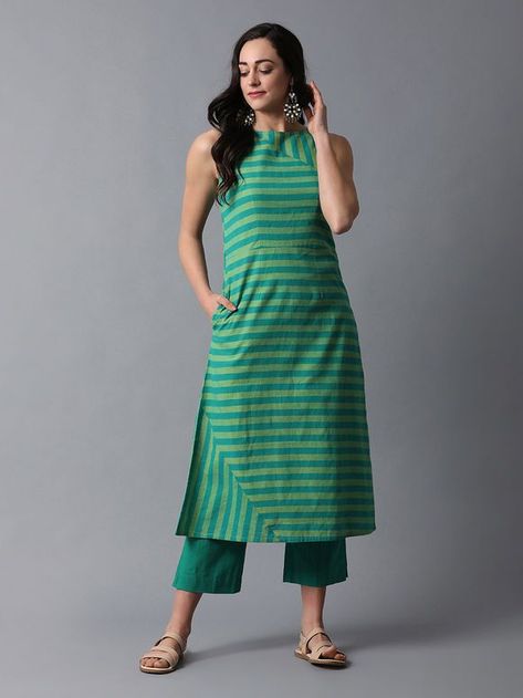 Best 12 Green Cotton Sleeveless Striped Kurta with Pants- Set of 2 Kurta Designs Women Cotton, Ikat Kurta Designs, Striped Kurta, डिजाइनर कपड़े, Indian Kurti Designs, Kurta Patterns, Simple Kurta Designs, Designer Kurti Patterns, Simple Kurti Designs