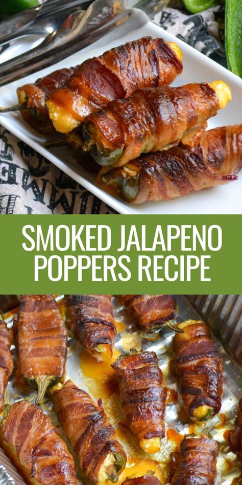 Smoked jalapeno poppers are an even better version of the classic bar appetizer. You’ll love these smoky, cheesy snacks and will be making them over and over again for everything from barbecues to parties to game day eating! #recipe #appetizer #summer Smoked Jalapeno Poppers, Barbecue Appetizers, Cheesy Snacks, Smoked Jalapeno, Bacon Wrapped Jalapeno Poppers, Jalapeno Popper Recipes, Bacon Wrapped Jalapenos, Jalapeño Poppers, Poppers Recipe