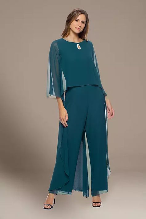 Chiffon Jumpsuit with Keyhole and Sheer Sleeves | David's Bridal Cape Dresses, Black Ball Gown, Light Blue Prom Dress, Sage Green Dress, Chiffon Jumpsuit, Navy Blue Bridesmaid Dresses, Plus Size Summer Dresses, Timeless Outfits, Formal Dresses With Sleeves