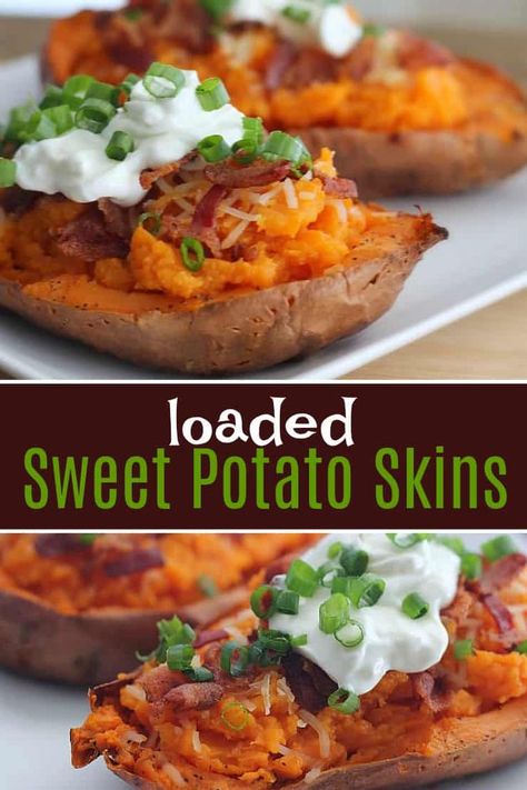 Sweet Potato Skins Recipe, Autumn Appetizers, Potato Skins Recipe, Easy Sweet Potato Recipes, Best Potato Recipes, Healthy Superbowl Snacks, Sweet Potato Skins, Loaded Sweet Potato, Healthy Potato Recipes