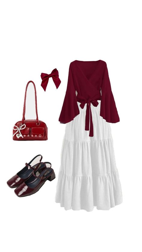 Cherry Aesthetics Outfit, Red Hijab Outfit, Cherry Inspired Outfit, Cherry Red Outfit, Modest Girly Outfits, Stylish Outfits Casual, Modest Casual Outfits, Girls Dress Outfits, Cute Modest Outfits