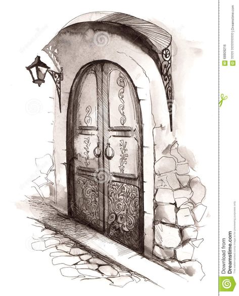 Door stock illustration. Illustration of home, doorway - 68809216 Fantasy Doors Concept Art, Scary Door Drawing, Castle Door Drawing, Doorway Drawing, Scary Door, Door Illustration, Side View Drawing, Chinese Drawing, Beautiful Entrance