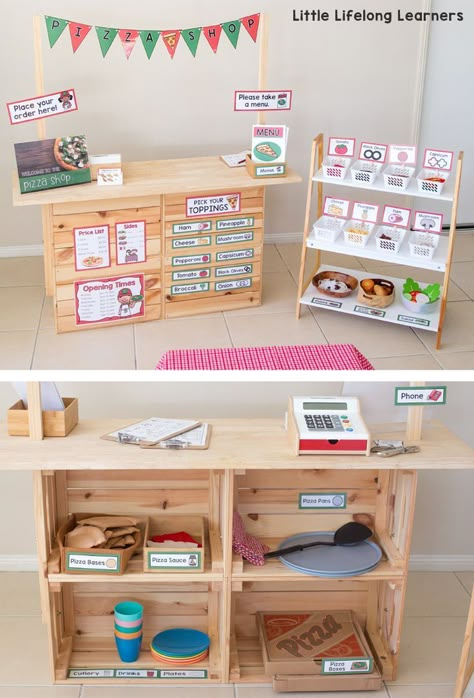 Set up a pizza shop in your dramatic play and imaginative play space | pizza party ideas | pizza dramatic play printables | Imaginative play ideas for toddlers, preschoolers and kindergarten children | Posters, signs, labels and printables | Role play in Pizza Dramatic Play, Pizza Shop Dramatic Play, Imaginative Play Ideas, Pizza Party Ideas, Space Pizza, Preschool Classroom Setup, Dramatic Play Themes, Dramatic Play Printables, Role Play Areas