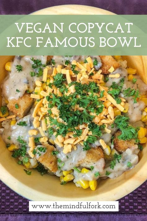 Copycat KFC Famous Bowl close up on a purple background. Vegan Kfc, Famous Bowl, Kfc Famous Bowl, Kfc Inspired Recipes, Vegan Chicken Nuggets, Vegan Chicken, Vegetarian Fast Food, Vegetarian Dinner, Chicken Nuggets