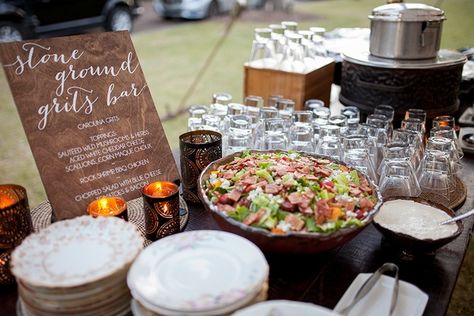 Grits Bar, Chapel Wedding Ceremony, Jazz Wedding, Wedding Food Table, Montage Palmetto Bluff, Bbq Drinks, Reception Buffet, Rustic Wedding Foods, Mason Jar Wedding Favors