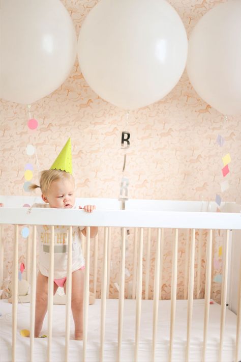 Birthday Crib Pictures, First Birthday Crib Picture, Babyletto Crib, Birthday Shoots, Happy Birthday Baby Girl, Princess First Birthday, Birthday Morning, 1st Birthday Balloons, 1st Birthday Pictures