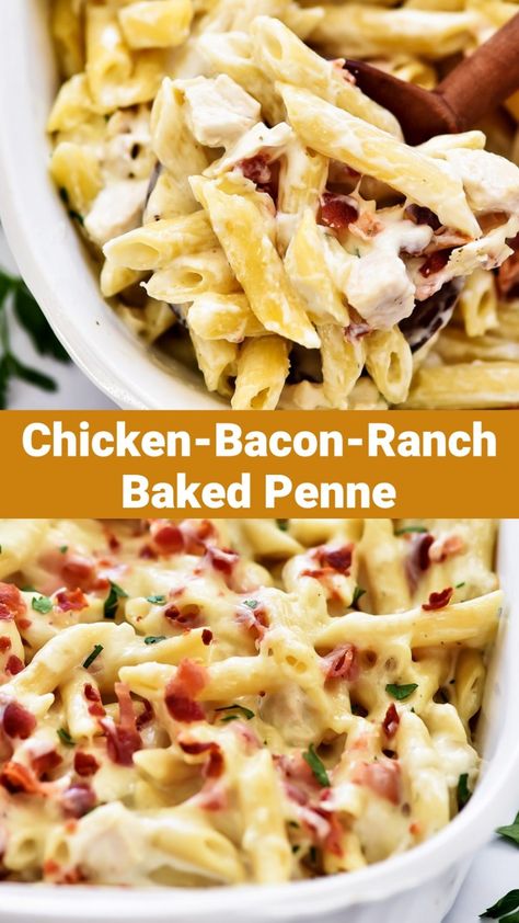 Chicken-Bacon-Ranch Baked Penne Recipe - CUCINA DE YUNG Chicken Bacon Ranch Penne, Chicken Bacon Ranch Bake, Baked Penne Pasta, Penne Recipes, Pasta Creamy, American Goulash, Chicken Bacon Ranch Pasta, Baked Penne, Dinner Pasta