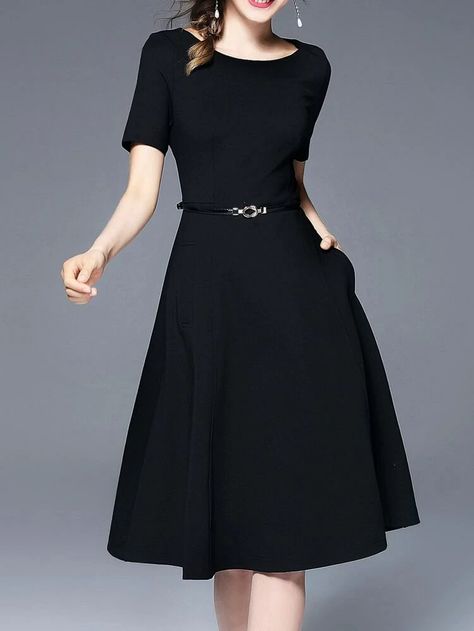 Crew Neck Belted Pockets Dress | SHEIN USA Tea Length Dress, Simple Black Dress, Wedding Dress With Pockets, Ceremony Dresses, Dressy Dresses, Tea Length Dresses, Fashion Design Clothes, 가을 패션, Tea Length