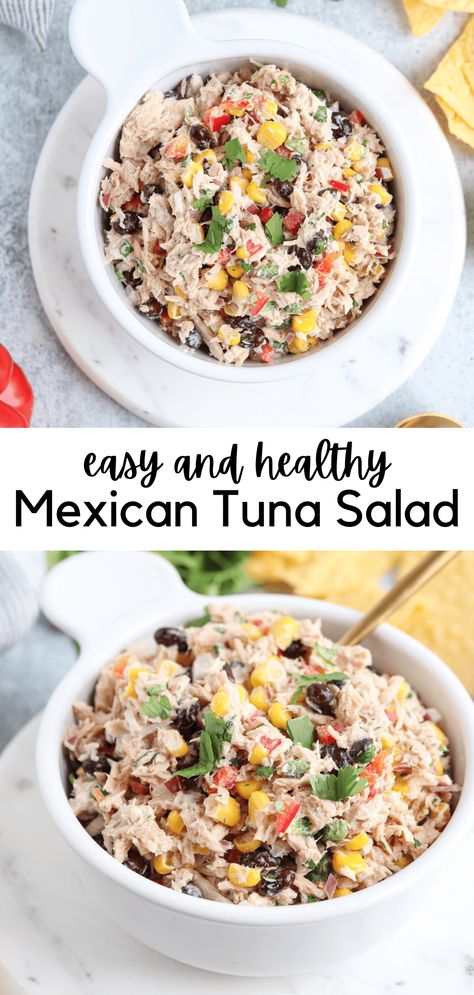 Mexican Tuna Salad is a flavor-packed twist on the classic that's set to become your new favorite. Picture this: succulent tuna, sweet corn, black beans, and crisp veggies, all mixed with a zesty mayo, cumin, and lime dressing. It's a fiesta of colors and flavors, a quick and wholesome option perfect for busy day dinners or family lunches. Add fresh cilantro for extra freshness, if you like. Southwest Tuna Salad, Black Bean Tuna Salad, Tuna And Black Beans Recipe, Mexican Tuna Pasta Salad, Jalapeno Tuna Salad, Tuna Corn Salad, Tuna And Bean Salad, Tuna Salad With Corn, Healthy Canned Tuna Recipes