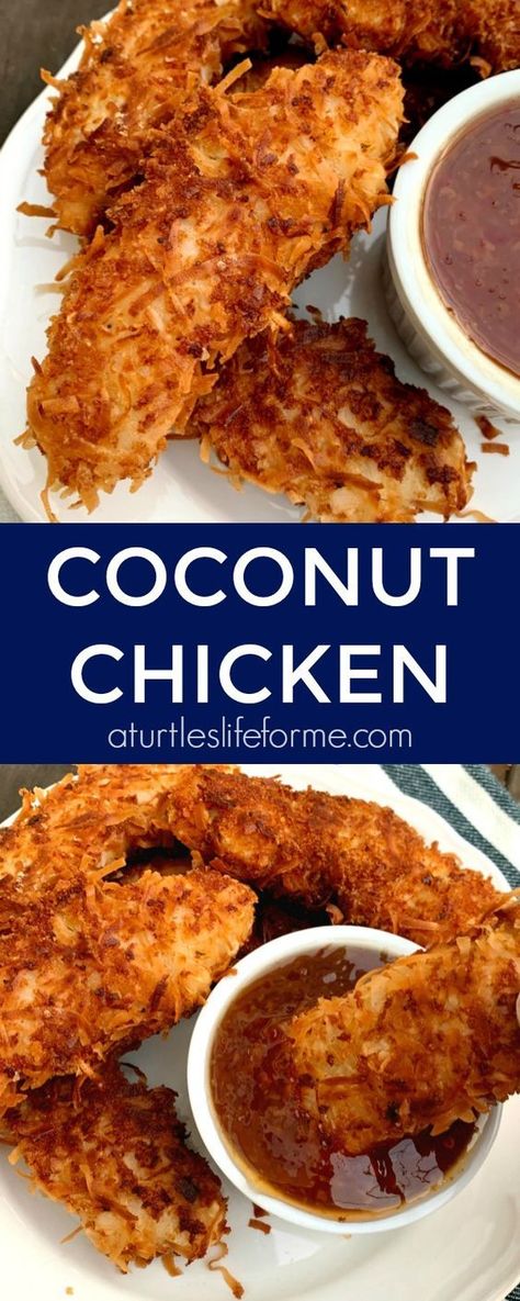 Easy Coconut Chicken, Crispy Coconut Chicken, Coconut Chicken Tenders, Sweet Chili Dipping Sauce, Chili Dip, Chicken Tenderloin, Chicken Tenderloin Recipes, Dip Sauce, Meat Appetizers