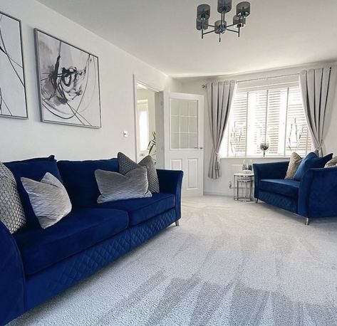 Navy Blue Front Room Ideas, Navy Silver Living Room, Blue Sofa Grey Carpet Living Room Ideas, Royal Blue Couch Living Room Ideas, Royal Blue Living Room Decor, Small Apartment Solutions, Grey Carpet Living Room, Navy Couch, Blue Couch Living Room