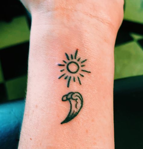 Ocean Semicolon Tattoo, Sun And Moon Semi Colon, Tattoos Semicolon, Colon Tattoo, Tattoo Sun, Tiny Tats, Aesthetic Tattoos, Semicolon Tattoo, Beach Tattoo