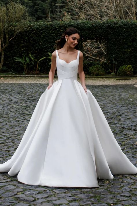 Abella Style #E453. Pleats And Tucks, Mikado Fabric, Allure Dress, Elegant Wedding Gown, Satin Bridal Gowns, Allure Bridals, Bridal Bridesmaid Dresses, Carolina Wedding, Allure Bridal