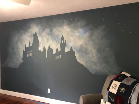 Hogwarts wall mural, Harry Potter wall mural, hogwarts silhouette Hogwarts Wall Mural Diy, Harry Potter Mural Wall, Hogwarts Mural, Kids Mural Ideas Bedrooms, Hogwarts Nursery, Harry Potter Nursery Theme, Harry Potter Wall Mural, Harry Potter Mural, Harry Potter Wall Stickers