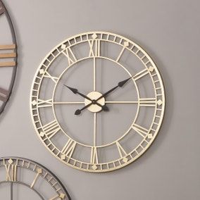 Skeleton Antique Brass Wall Clock 76cm | Dunelm Skeleton Wall Clock, Roman Numeral Clock, Gold Clock, Kitchen Clocks, How To Make Wall Clock, Modern Clock, Mirror With Shelf, Metal Mirror, Round Wall Clocks