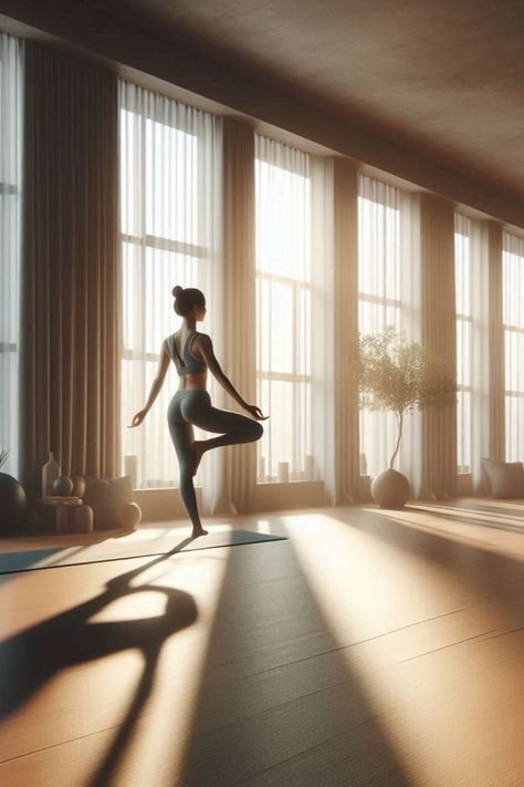 Step into serenity with this AI-generated image of a peaceful yoga studio. Soft lighting and large windows create a calming atmosphere, casting gentle shadows on a woman in a graceful yoga pose. Perfect for those seeking relaxation and mindfulness in a minimalist setting. Candlelit Yoga Aesthetic, Yoga Studio Pictures, Yoga Aesthetic Studio, Yoga Photoshoot Ideas Indoor, Yoga Studio Photoshoot, Yoga Studio Aesthetic, Yoga Photoshoot Ideas, Pilates Yoga Studio, Private Yoga Session