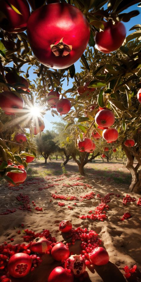 Fruit On Tree, Pomegranate Garden, Pomegranate Tree, Pomegranate Photography, Pomegranate Photo, Pomegranate Tree Aesthetic, Russian Pomegranate Tree, Golden Pomegranate, Pomegranate Farming