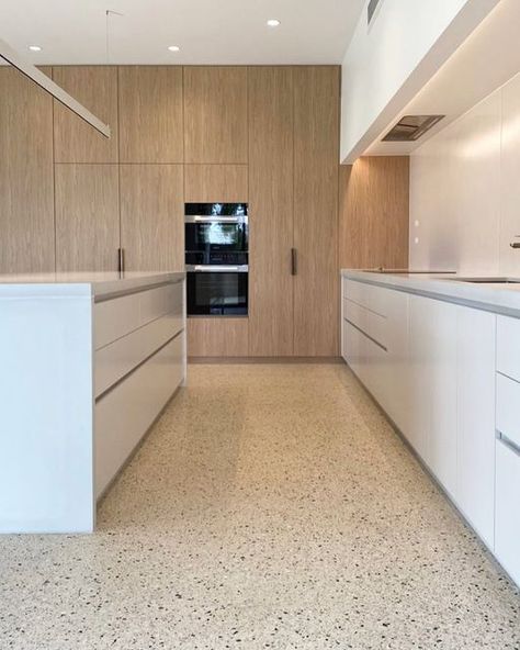 SmartCrete on Instagram: "Mechanical Polished Concrete…. Builder - @nbcustombuilds 📸 @dma_kitchens Concrete supplied by @vicmixconcrete" Polished Concrete Living Area, Burnished Concrete Floor Kitchen, White Kitchen Polished Concrete Floor, Kitchen With Polished Concrete Floor, Polished Concrete Bedroom, Kitchens With Concrete Floors, Warm Concrete Floors, Terrazo Kitchen Flooring, Terrazo Kitchen Floor