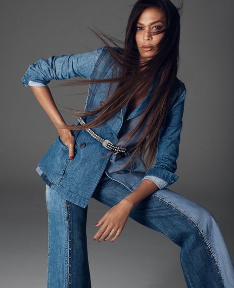 Jeans, Denim, Blue, Clothing, Long hair, Beauty, Photo shoot, Model, Fashion model, Standing, Black Editorial, Alexi Lubomirski, Billy Kidd, Denim Editorial, Elle Fashion, Elle Us, Joan Smalls, Denim Day, Denim Chic