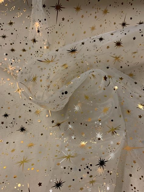 58/60 Gold Foil Star Organza Fabric - By The Yard Gold Stars Decorations, Gold Star Decor, Star Fabric Pattern, Gold Stars Aesthetic, Celestial Prom, Star Themed Party, Stars Backdrop, Celestial Birthday, Bows Dress