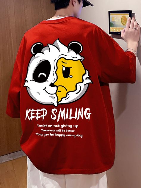 Red Street Collar Short Sleeve Fabric Cartoon,Slogan  Embellished Slight Stretch  Men Tops Red Tshirt Design Ideas, Serigrafia Ideas, Slogan Graphic Tee, Men Cartoon, Red Street, Typography Branding, Guys Clothing Styles, Aesthetic Shirts, Tomorrow Will Be Better