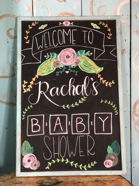 Custom floral chalkboard for a baby shower at The Tea Kettle Cafe. Baby Shower Chalkboard Sign Ideas, Baby Shower Chalkboard Sign, Baby In Bloom Chalkboard Sign, Baby Shower Welcome Sign Chalkboard, Forest Themed Baby Shower Chalk Board Signs, Chalk Bridal Shower Sign, Baby Shower Chalkboard, Entrance Sign, Baby Shower Welcome Sign