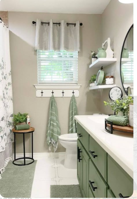 Updated Guest Bathroom, Small Bathroom Window Ideas, Bathroom With No Windows, Very Small Bathroom Ideas, Light Green Bathrooms, Redo Bathroom, Green Bathroom Ideas, Cave Bathroom, Green Bathroom Decor