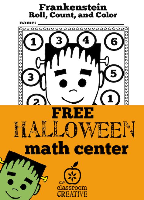 Free halloween math center- frankenstein roll, count, and cover from theclassroomcreative.com Halloween Roll And Cover Free, Halloween Roll And Cover, Frankenstein Math, Kindergarten Halloween Math Centers, Fun Halloween Math, Math Centers For Kindergarten, Halloween Math Centers, Halloween Counting, Roll And Cover