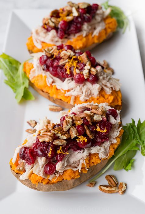 Roast Turkey and Cranberry Stuffed Sweet Potatoes Baked Potato Dinner, Turkey And Cranberry, Stuffed Sweet Potato, Stuffed Sweet Potatoes, Potato Dinner, Bruschetta Ingredients, Top Chicken Recipes, Roast Turkey, Holiday Side