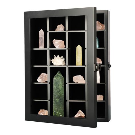 PRICES MAY VARY. Wood WALL-MOUNTED ROCK DISPLAY CABINET - KCRasan rock display stand is made of wood with Anti-fade black finish, velvet like felt lining along with one black plated anti-theft locks can well protect your cherished memorabilia or collectibles rocks. Rock box Outside size: 11.8''L x15.7"H x2.95"W, Compartment is 2" high, inner depth: 2.08". Therefore, if any part of your rocks is thicker than 2.08 inches, they will not be inserted. (Note: rocks are not included) ADJUSTABLE SHELVES Rock Display Ideas, Rock Display Case, Crystal Display Ideas, Rock Collection Box, Crystal Collection Display, Rock Display, Wall Display Case, Rock Box, Collection Display