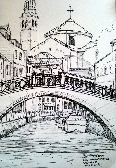 "Fondamenta del Monastero, Venice" by Seth Davenport Easy Pencil Drawings, Building Drawing, Pola Kartu, City Drawing, Perspective Art, 흑백 그림, Architecture Drawing Art, Travel Sketches, Urban Sketchers