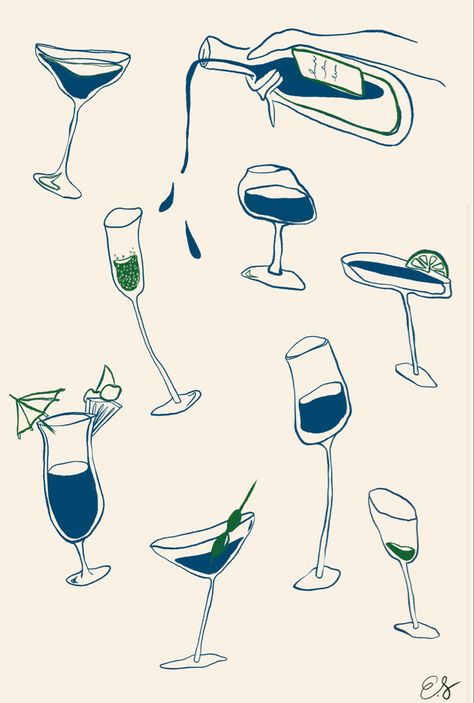 Illustration of cocktails in green and blue. Birthday Invitations Aesthetic, Bartender Logo, Vine Illustration, Cocktail Drawing, Drinks Illustration, Pour Decisions, Cocktail Illustration, Line Art Flowers, Food Wall Art